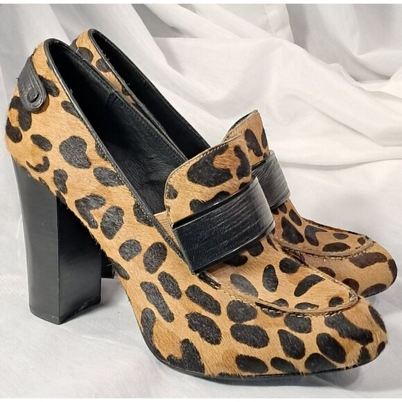 Rebecca Minkoff Leopard Pony Hair Heeled Loafer Pumps Shoes 8M Block Heels - Picture 1 of 8